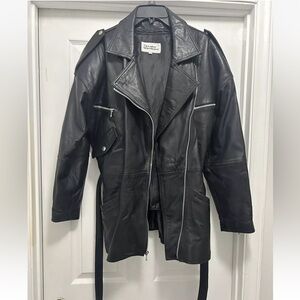 Oversized black leather biker unisex jacket